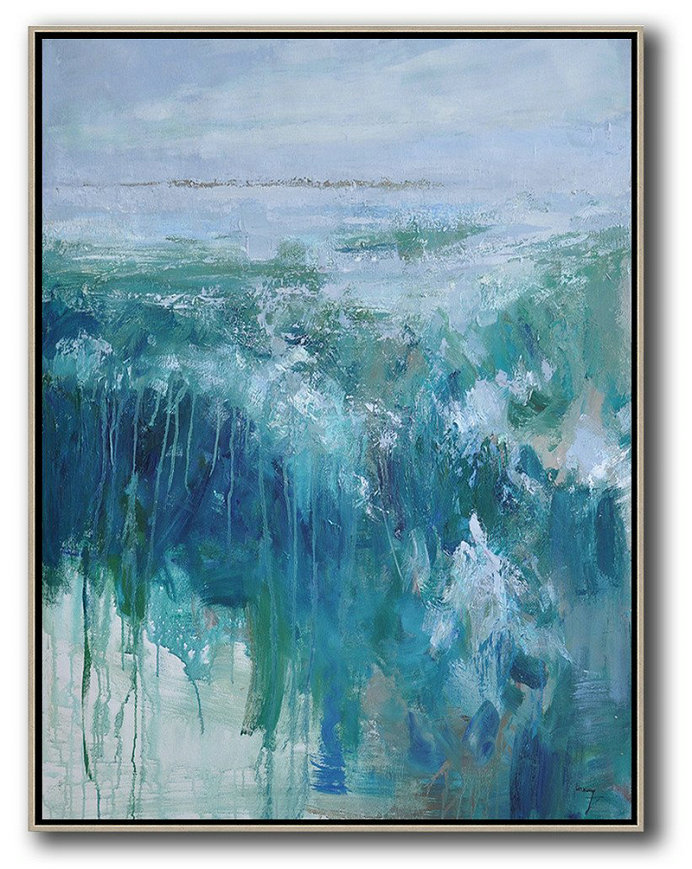 Original Abstract Painting Extra Large Canvas Art,Abstract Landscape Painting,Modern Abstract Wall Art Purple Grey,Lake Blue,Dark Blue,White